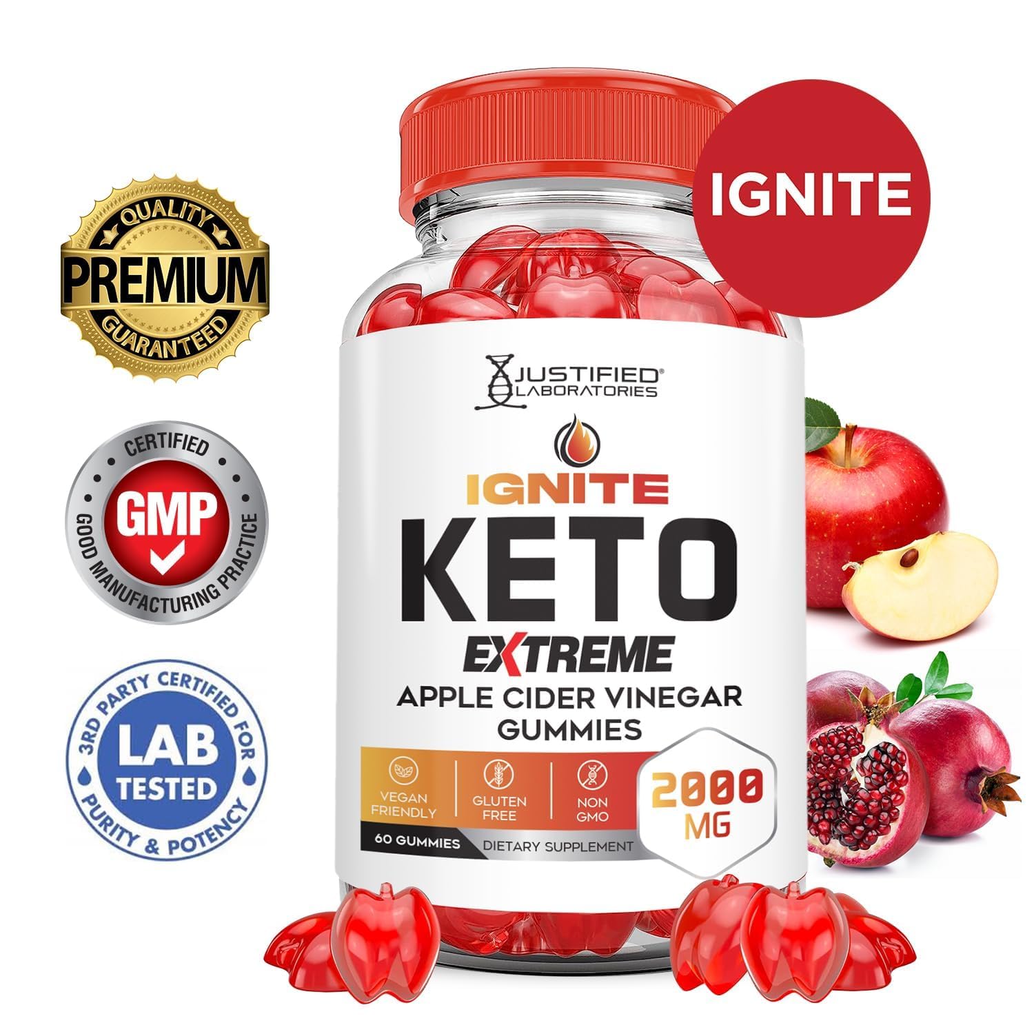 Justified Laboratories ACV Gummies with beet juice and pomegranate ingredients.