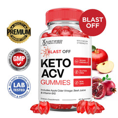 Justified Laboratories Blast Off Keto ACV gummies bottle label highlighting vegan non-GMO formula