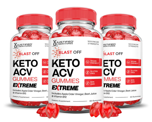 Justified Laboratories Blast Off Keto ACV Gummies bottle shown for convenient daily use.