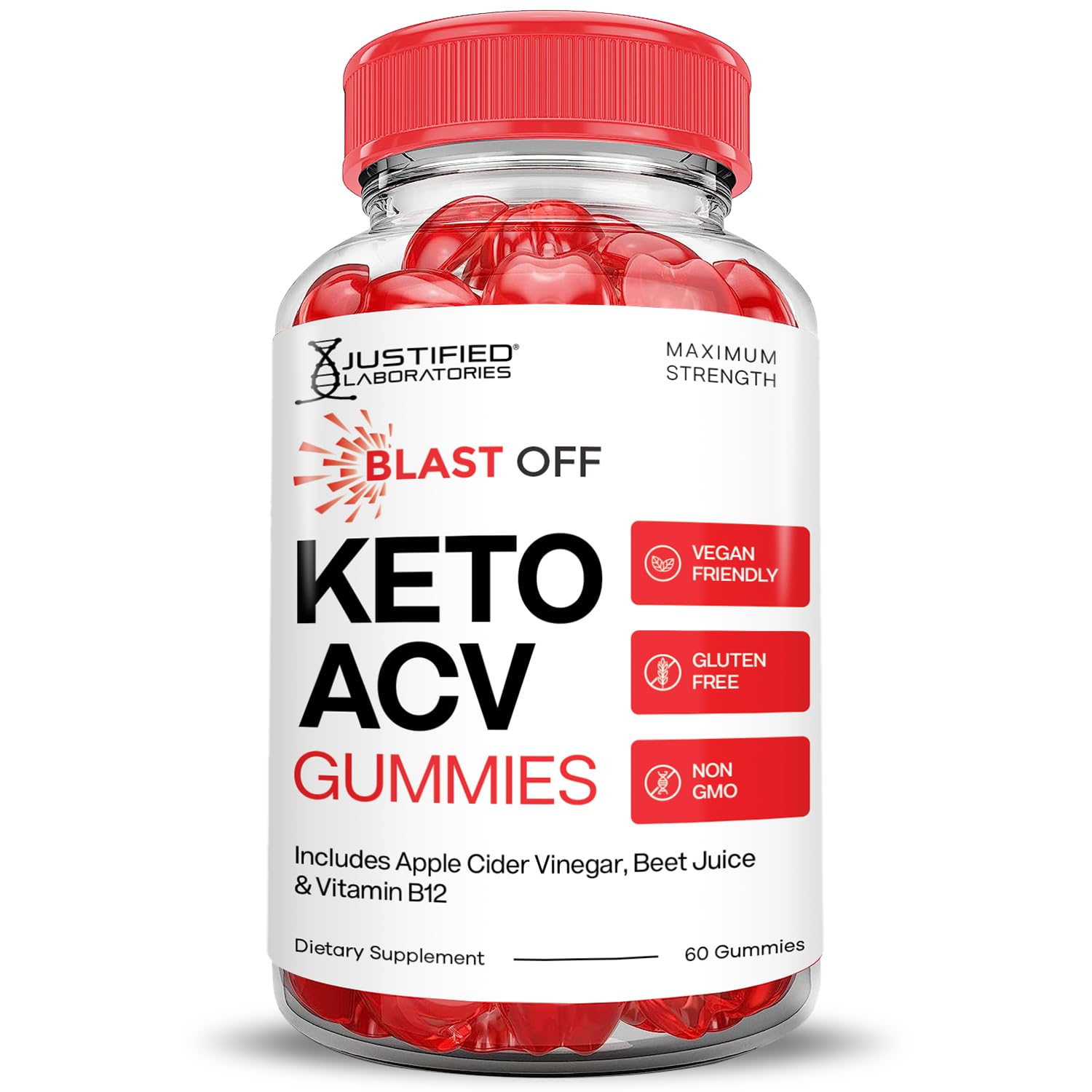 Justified Laboratories Blast Off Keto ACV gummies color close-up hints beet juice