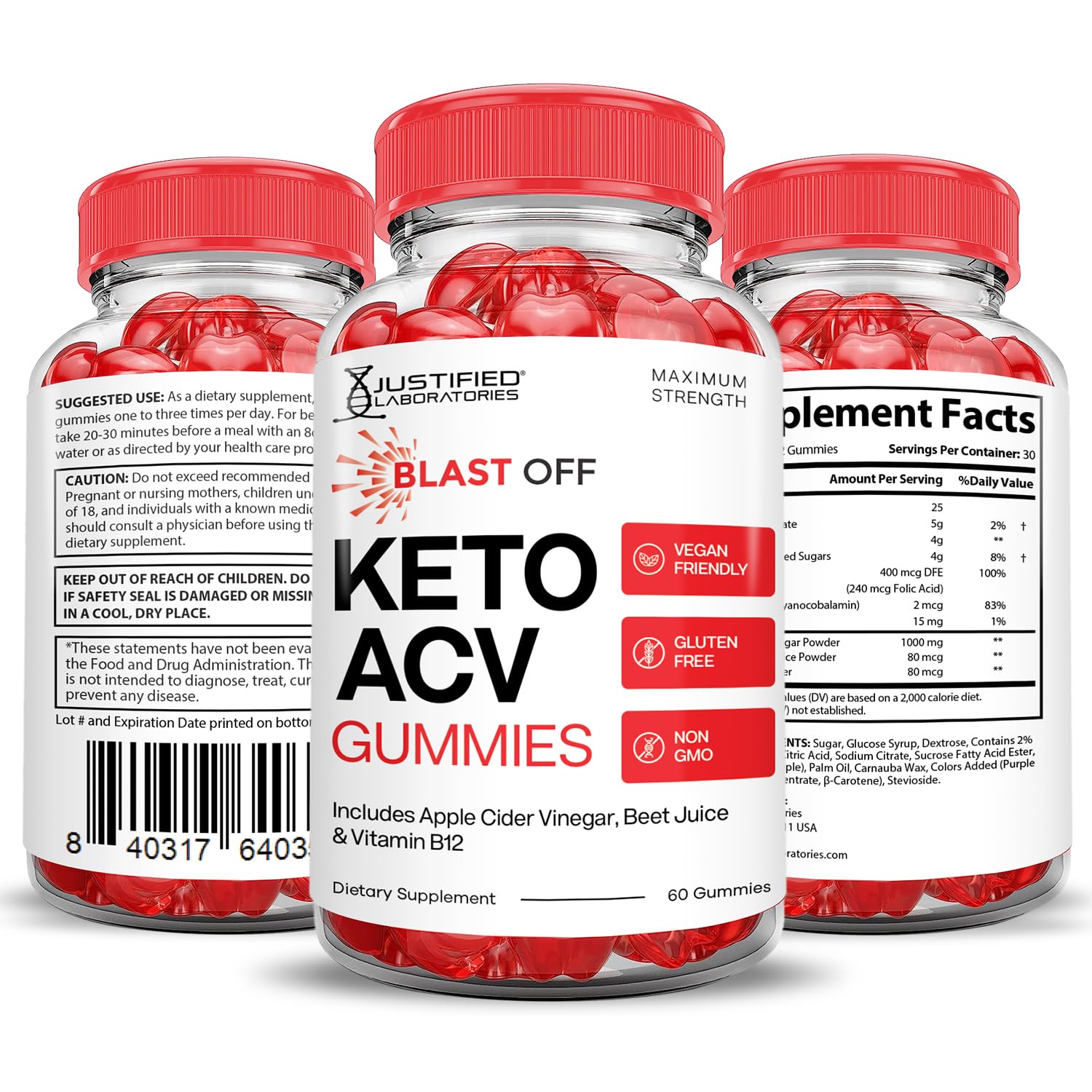Justified Laboratories Blast Off Keto ACV gummies vegan gluten-free and GMP-certified