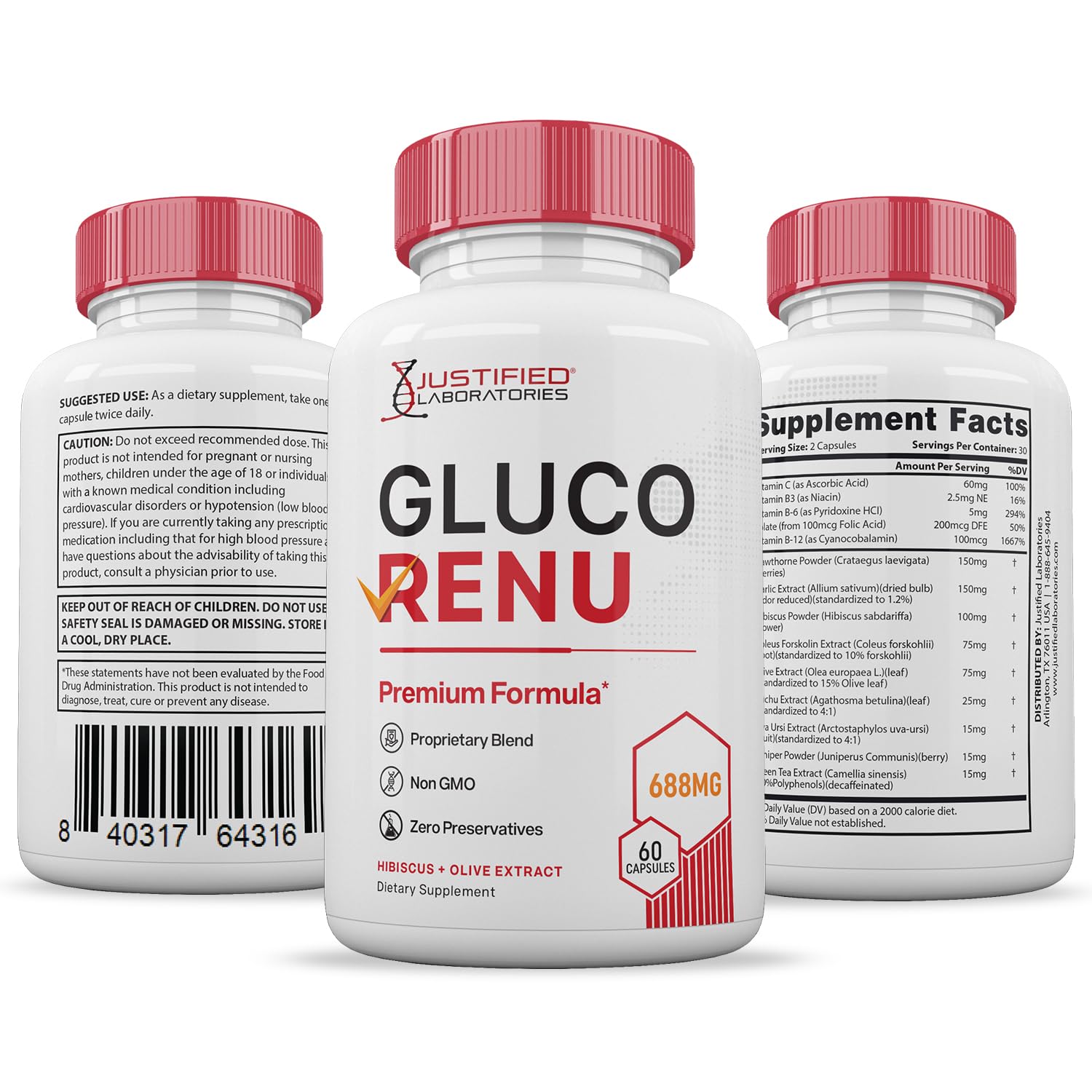 Justified Laboratories Gluco Renu five-pack packaging for ongoing wellness support.