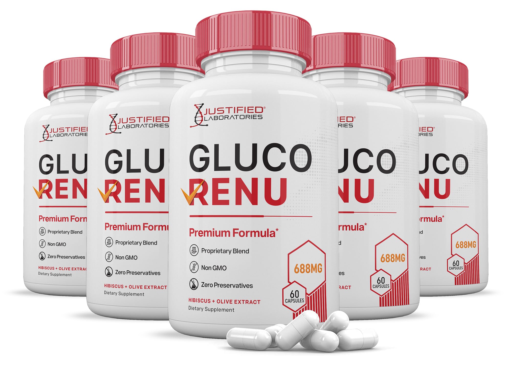 Justified Laboratories Gluco Renu bottle front with easy-to-swallow capsules for daily wellness.