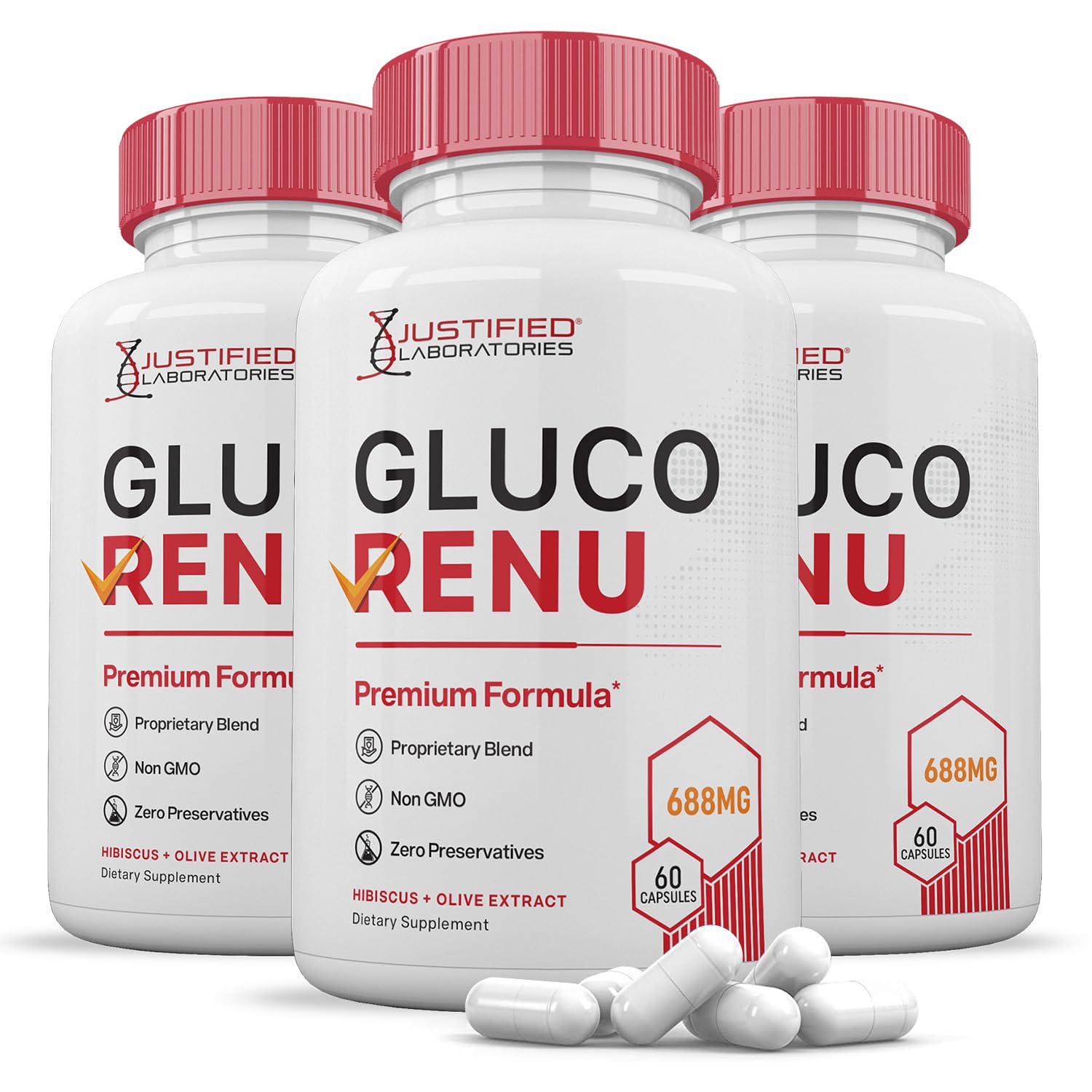 Justified Laboratories Gluco Renu bottle with premium 688mg formula for daily wellness.