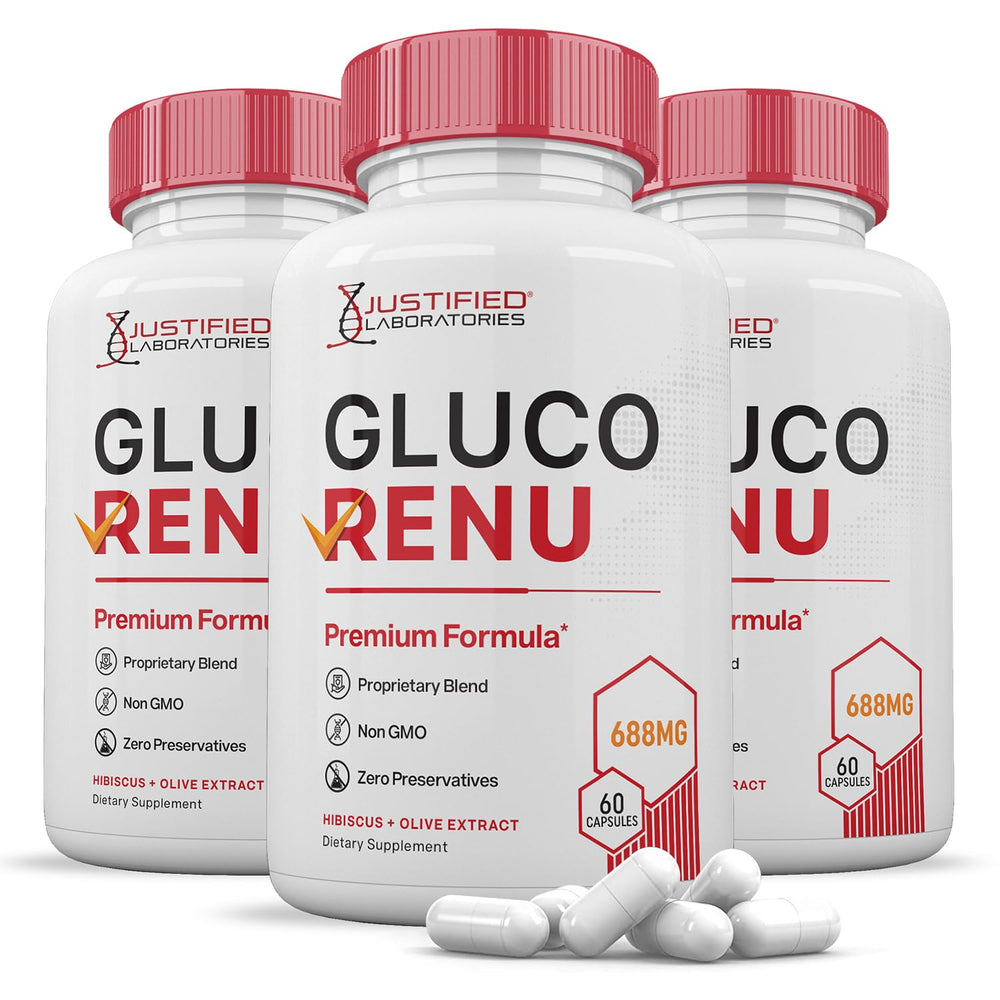 Justified Laboratories Gluco Renu bottle with premium 688mg formula for daily wellness.