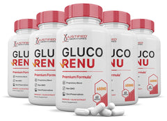 Justified Laboratories Gluco Renu bottle front with easy-to-swallow capsules for daily wellness.