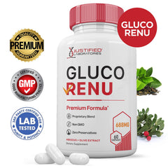 Justified Laboratories Gluco Renu proprietary blend highlights natural wellness support.