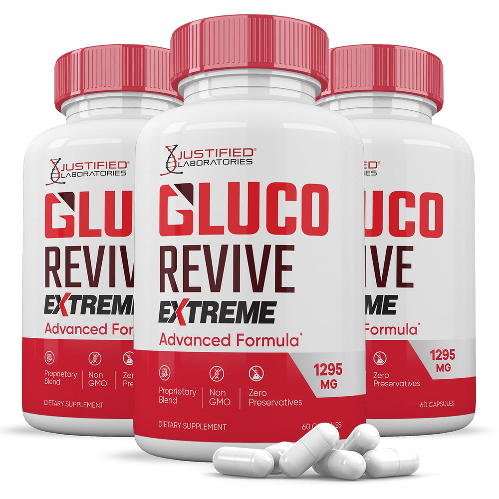 Justified Laboratories Gluco Revive Extreme bottle front supports a balanced daily routine.