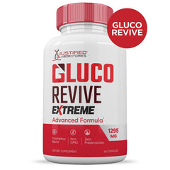Justified Laboratories Gluco Revive Extreme capsules closeup for easy daily supplementation.