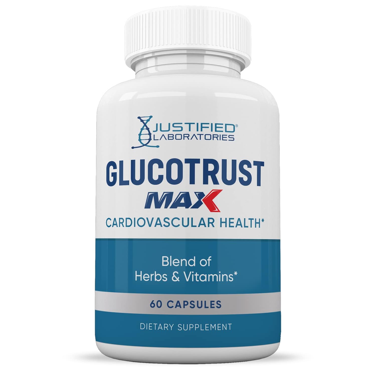 Justified Laboratories Glucotrust Max bottle back with directions for daily use.