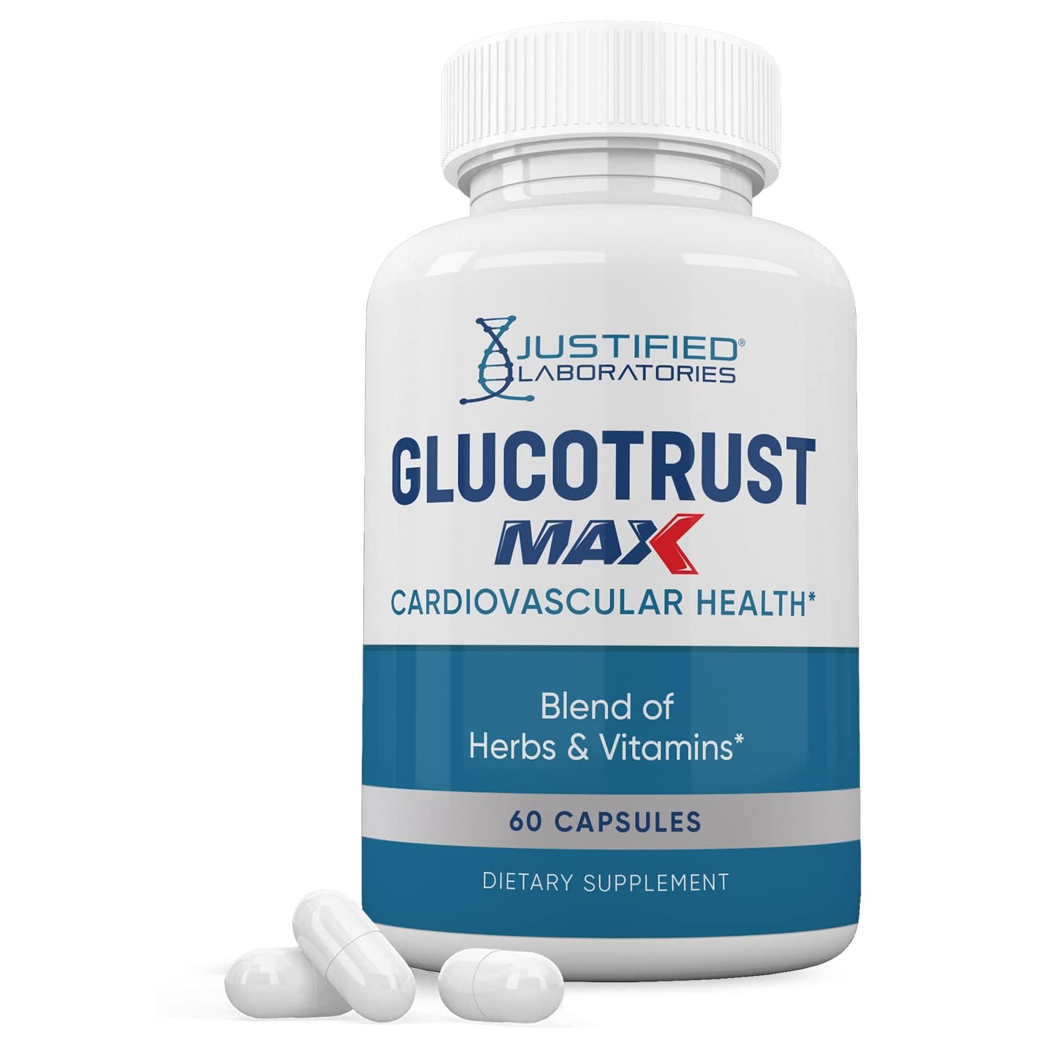 Justified Laboratories Glucotrust Max bottle front for daily wellness support.