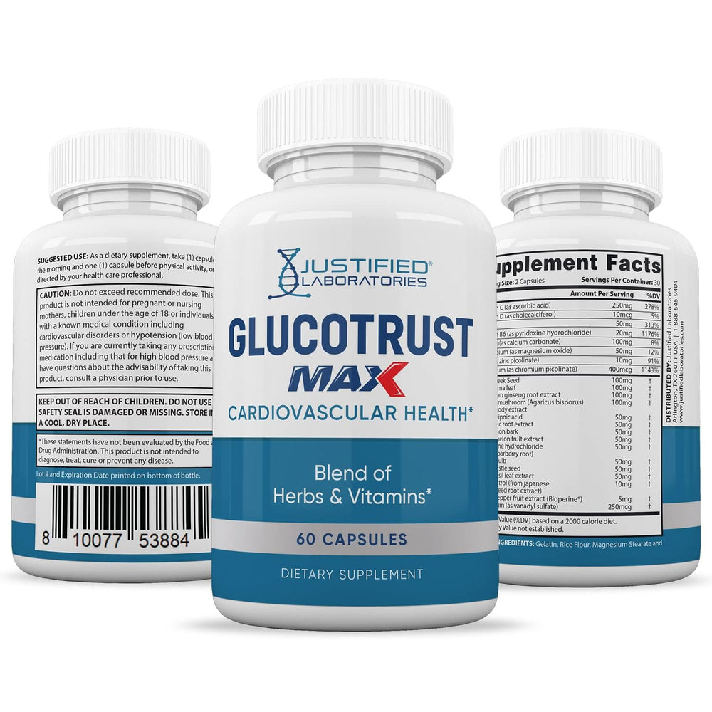 Justified Laboratories Glucotrust Max capsule close-up showing smooth texture.