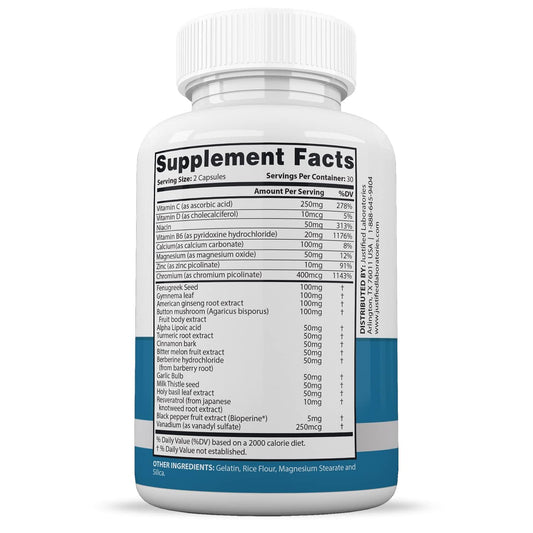 Justified Laboratories Glucotrust Max capsules poured for daily use.