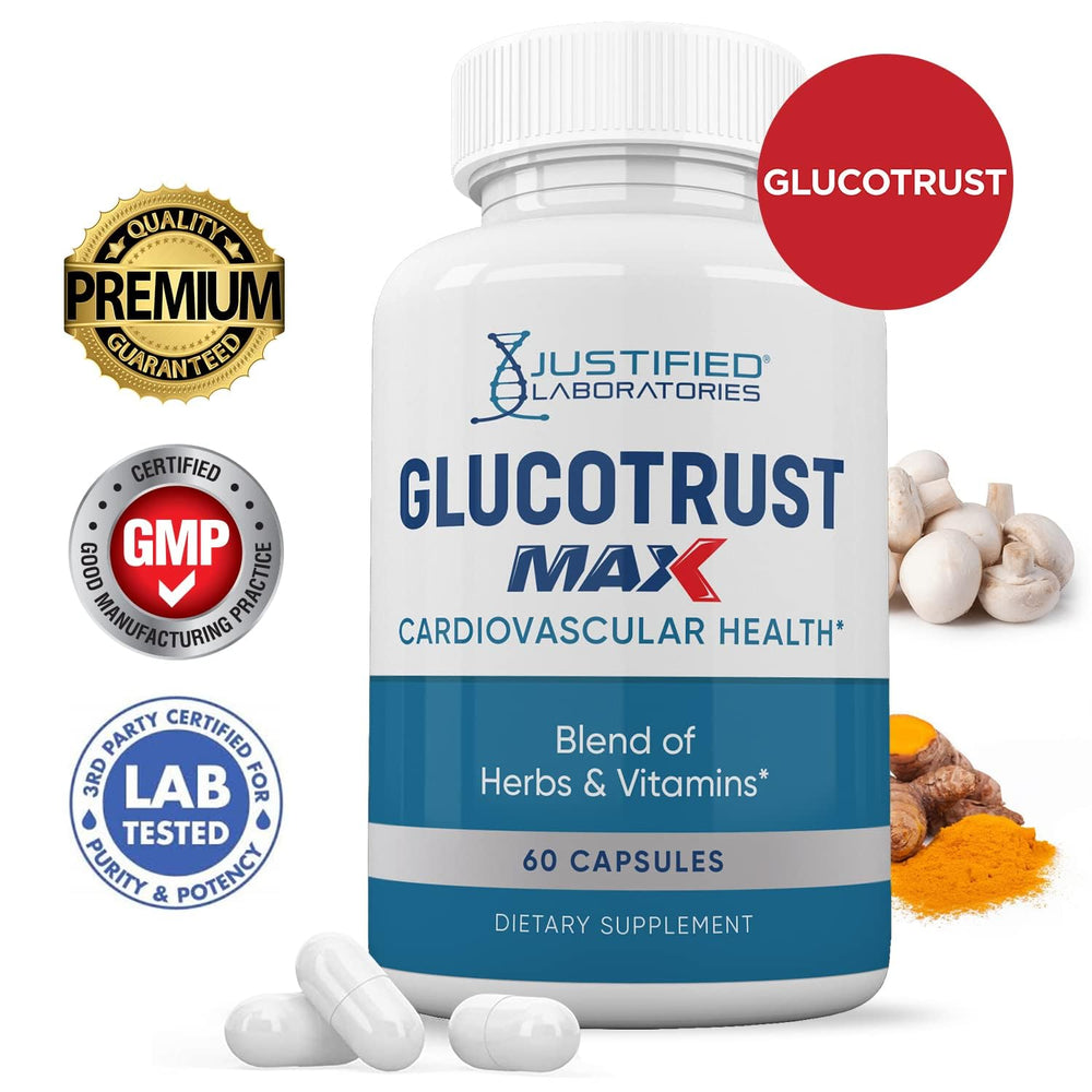 Justified Laboratories Glucotrust Max label close-up highlighting the 1295mg blend for daily wellness.