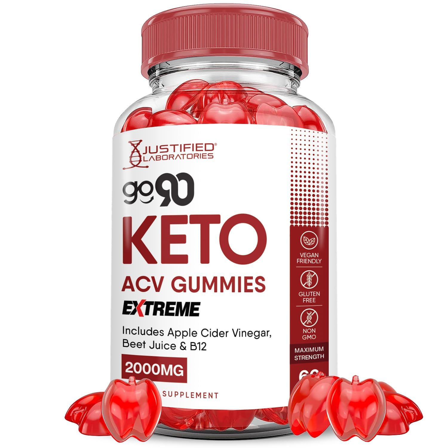 Justified Laboratories Go 90 Keto ACV Gummies Extreme 2000mg bottle showcases vegan, convenient daily nutrition.