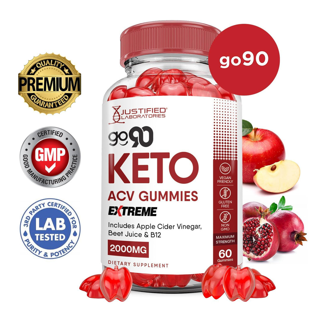 Justified Laboratories Go 90 Keto ACV Gummies pomegranate beet image emphasizes antioxidant-rich blend.