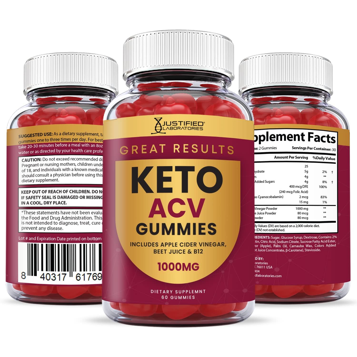 Justified Laboratories Great Results Keto ACV Gummies gummy texture close-up, inviting bite-friendly use.