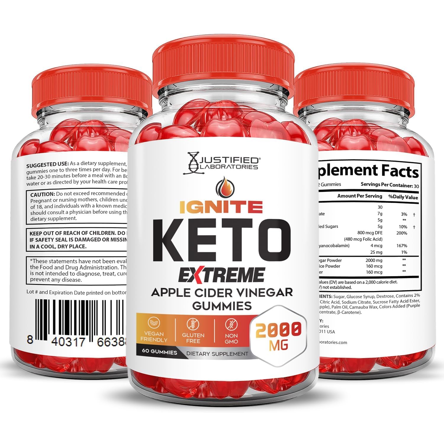 Justified Laboratories Ignite Keto Gummies with pomegranate beet juice, colorful and appealing.