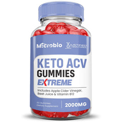 Justified Laboratories Microbio Keto ACV Gummies with beet juice imagery highlighting flavor.