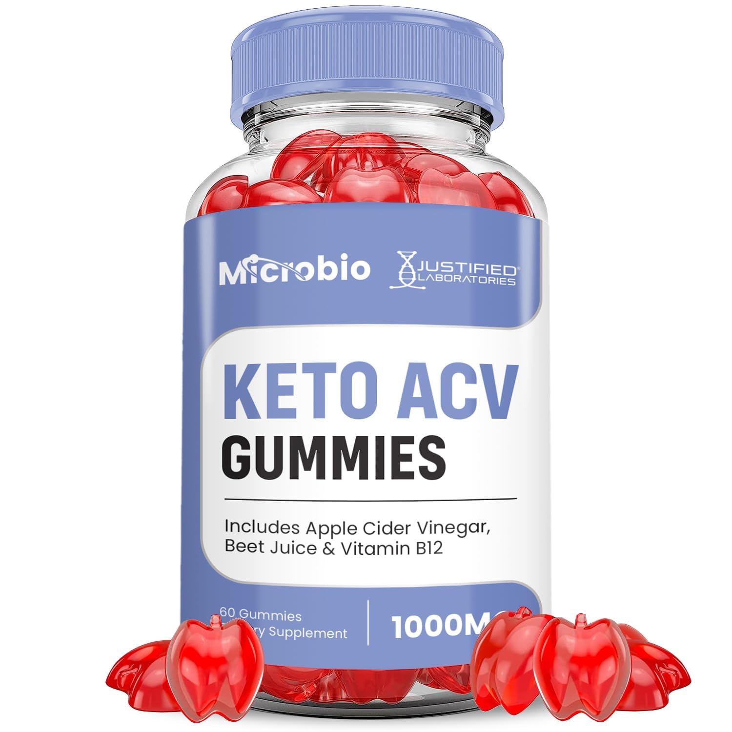 Justified Laboratories Microbio Keto ACV Gummies bottle showing the label for a convenient daily wellness boost.