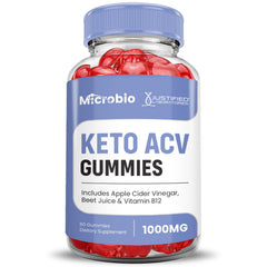 Justified Laboratories Microbio Keto ACV gummies ingredient panel—beet juice and B12 highlighted.