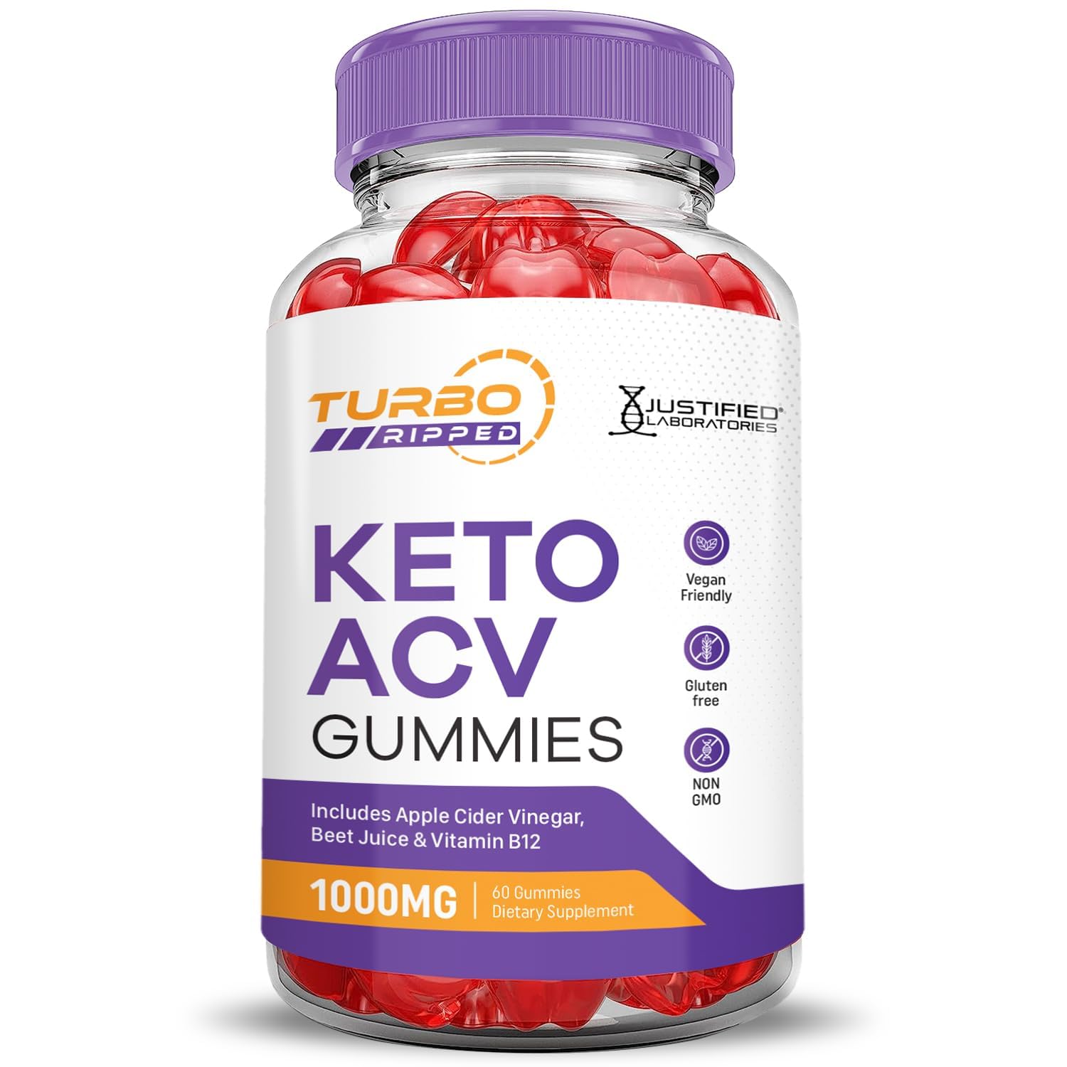 Justified Laboratories vegan, non-GMO gummies in GMP-certified packaging.
