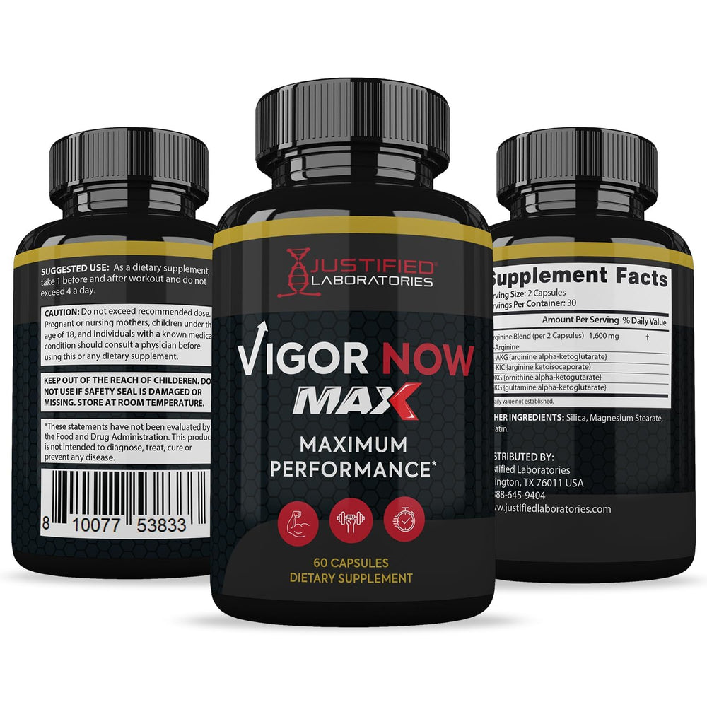 Justified Laboratories Vigor Now 1600MG GMP-certified facility badge on packaging