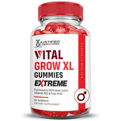 Justified Laboratories Vital Grow XL Extreme bottle label highlights vegan, non-GMO, and gluten-free qualities.
