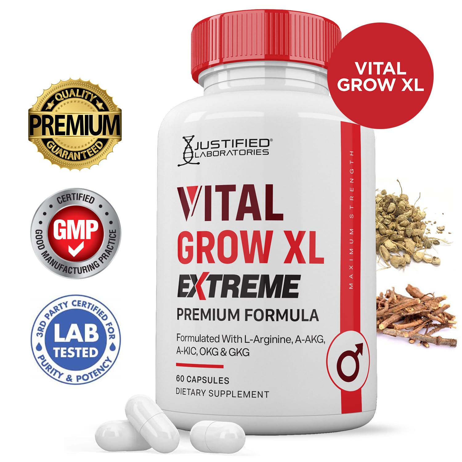 Justified Laboratories Vital Grow XL Extreme capsules close-up showcasing premium ingredients