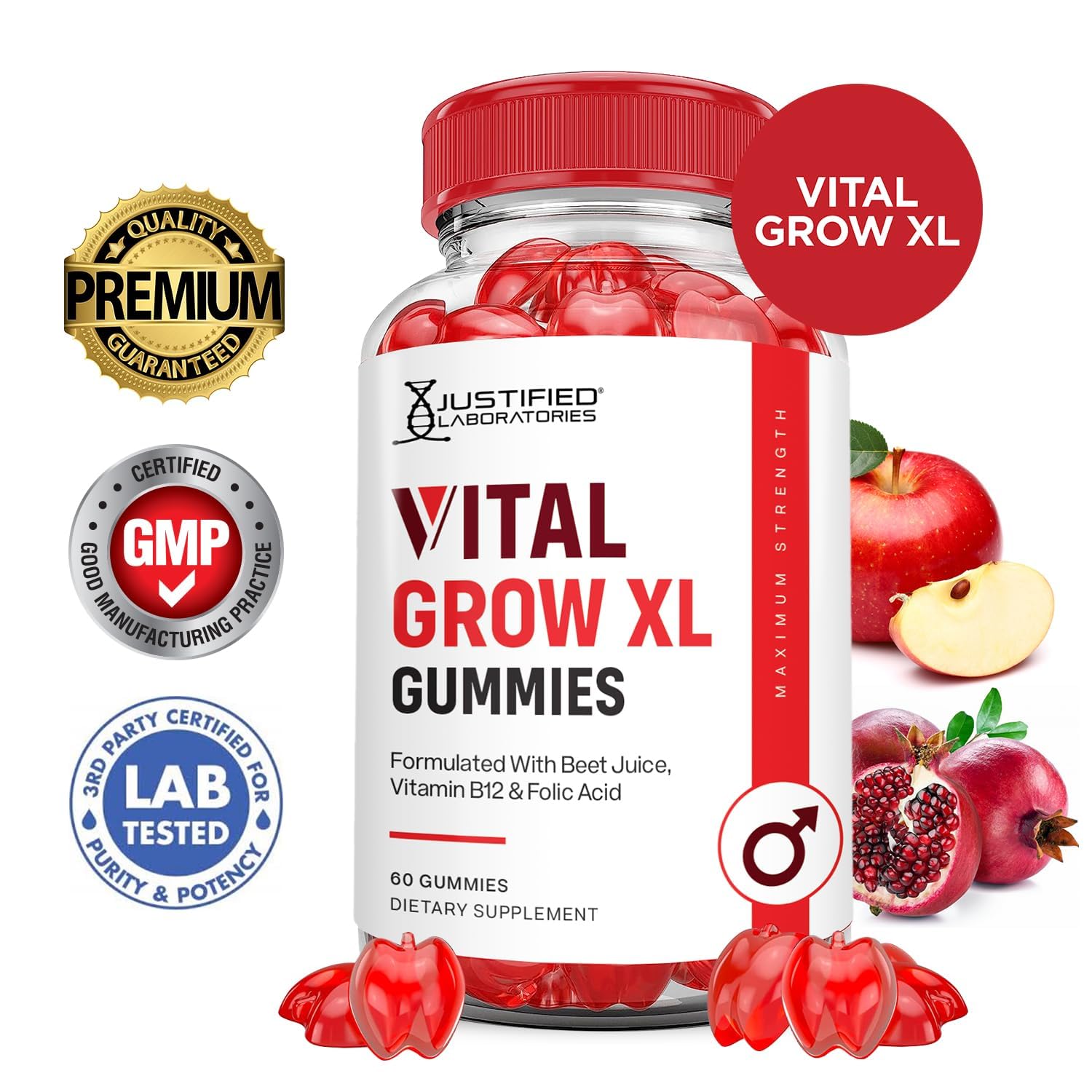 Justified Laboratories Vital Grow XL gummies closeup shows chewy texture and flavor