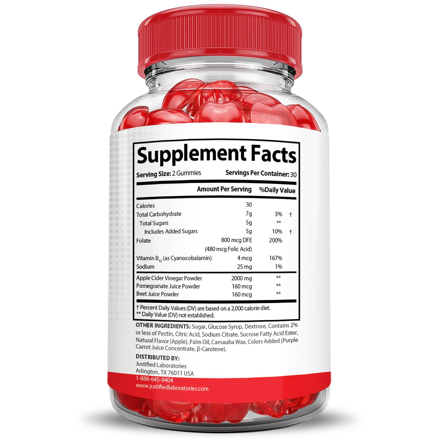 Justified Laboratories Vital Pump XL bottle label highlights ACV content.