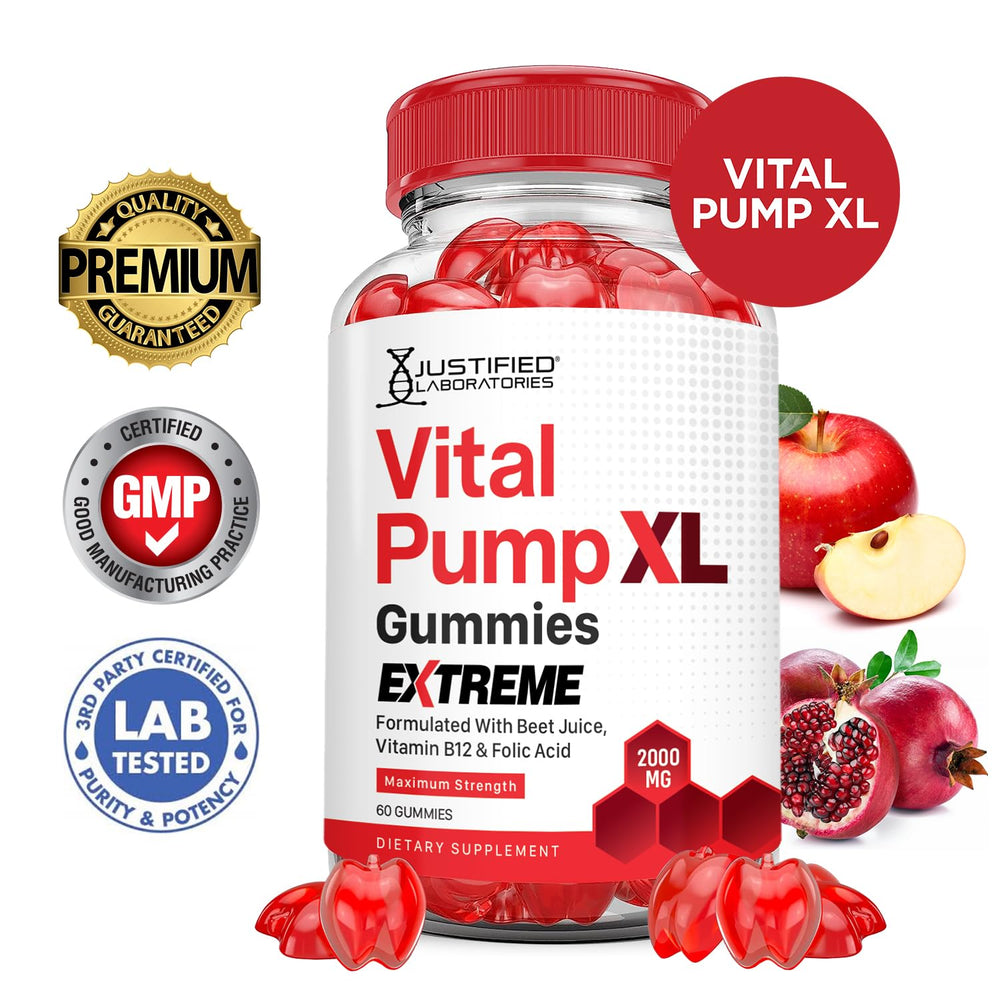 Close-up of Justified Laboratories Vital Pump XL bottle and gummies for easy daily use.