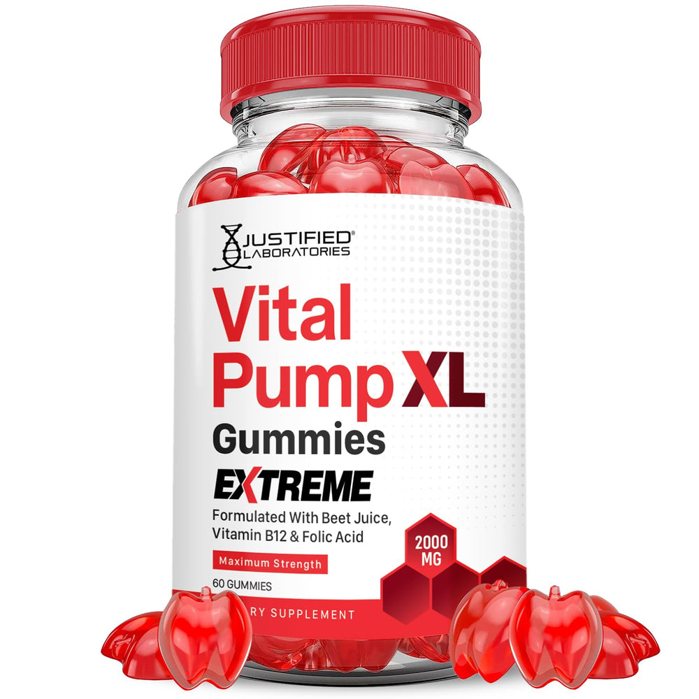 Justified Laboratories Vital Pump XL bottle with gummies for daily wellness.
