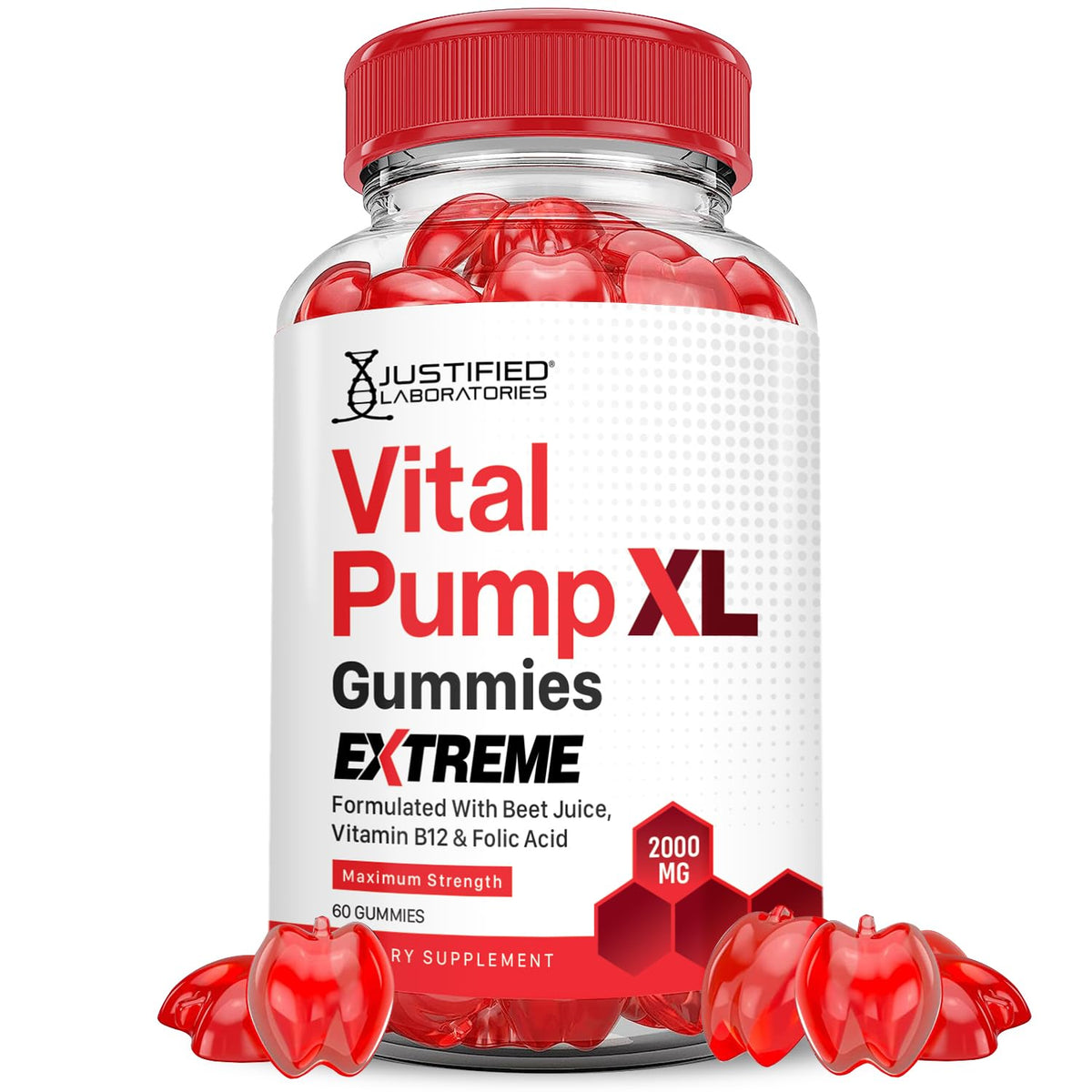 Justified Laboratories Vital Pump XL bottle with gummies for daily wellness.