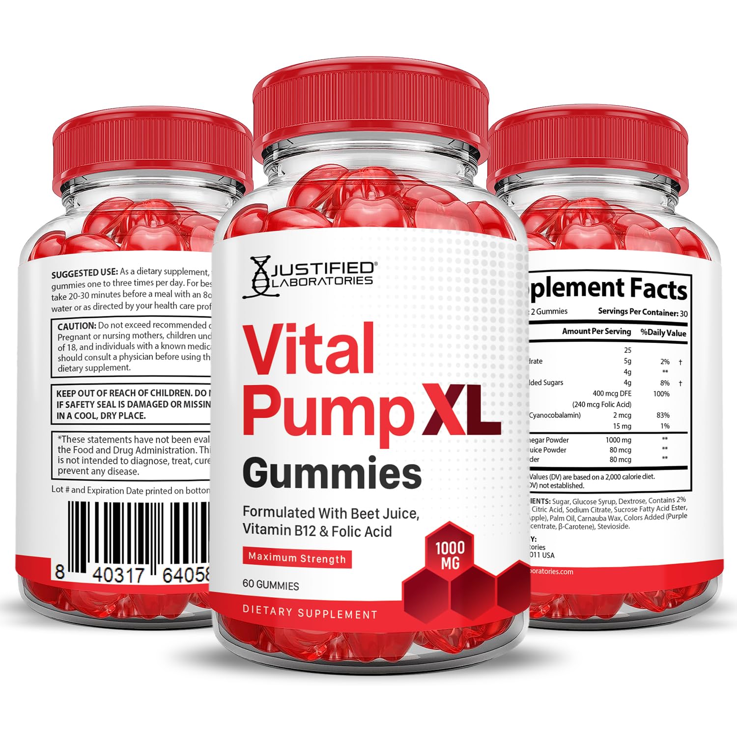 60 gummies packaging on Justified Laboratories Vital Pump XL for everyday use.