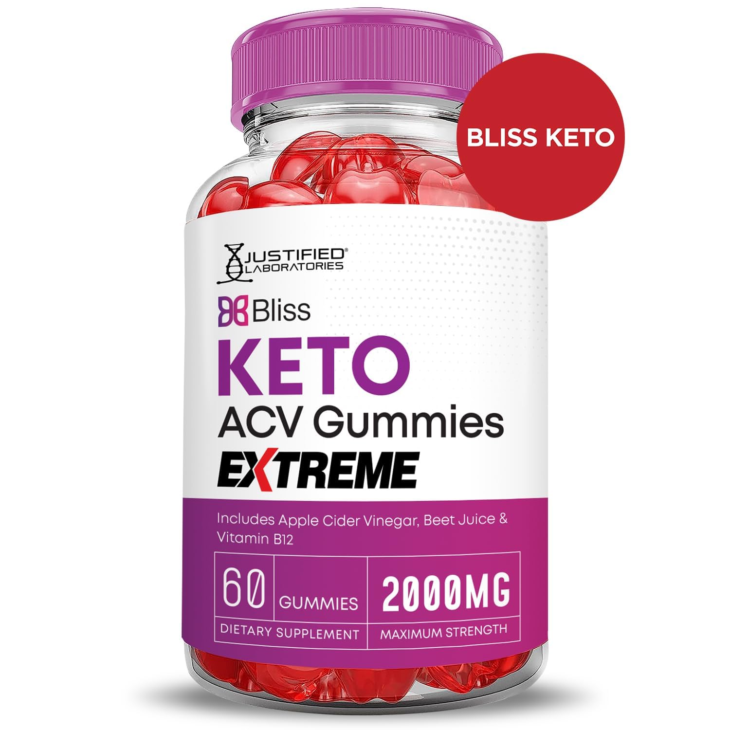 Justified Laboratories Bliss Keto ACV Gummies closeup; chewy texture and vibrant color.