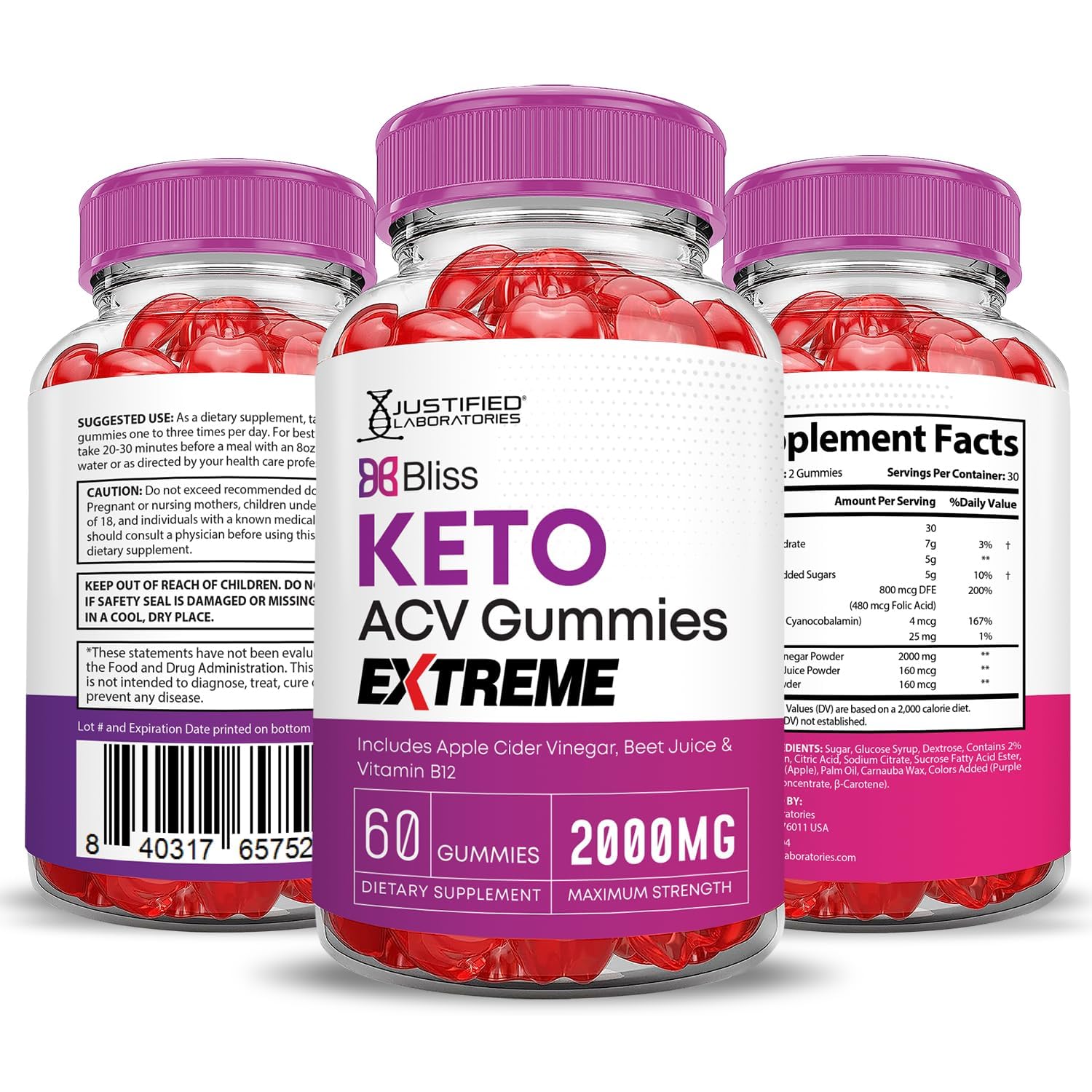 Justified Laboratories Bliss Keto ACV Gummies packaging and tray; showcases product design.