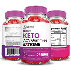 Justified Laboratories Bliss Keto ACV Gummies packaging and tray; showcases product design.
