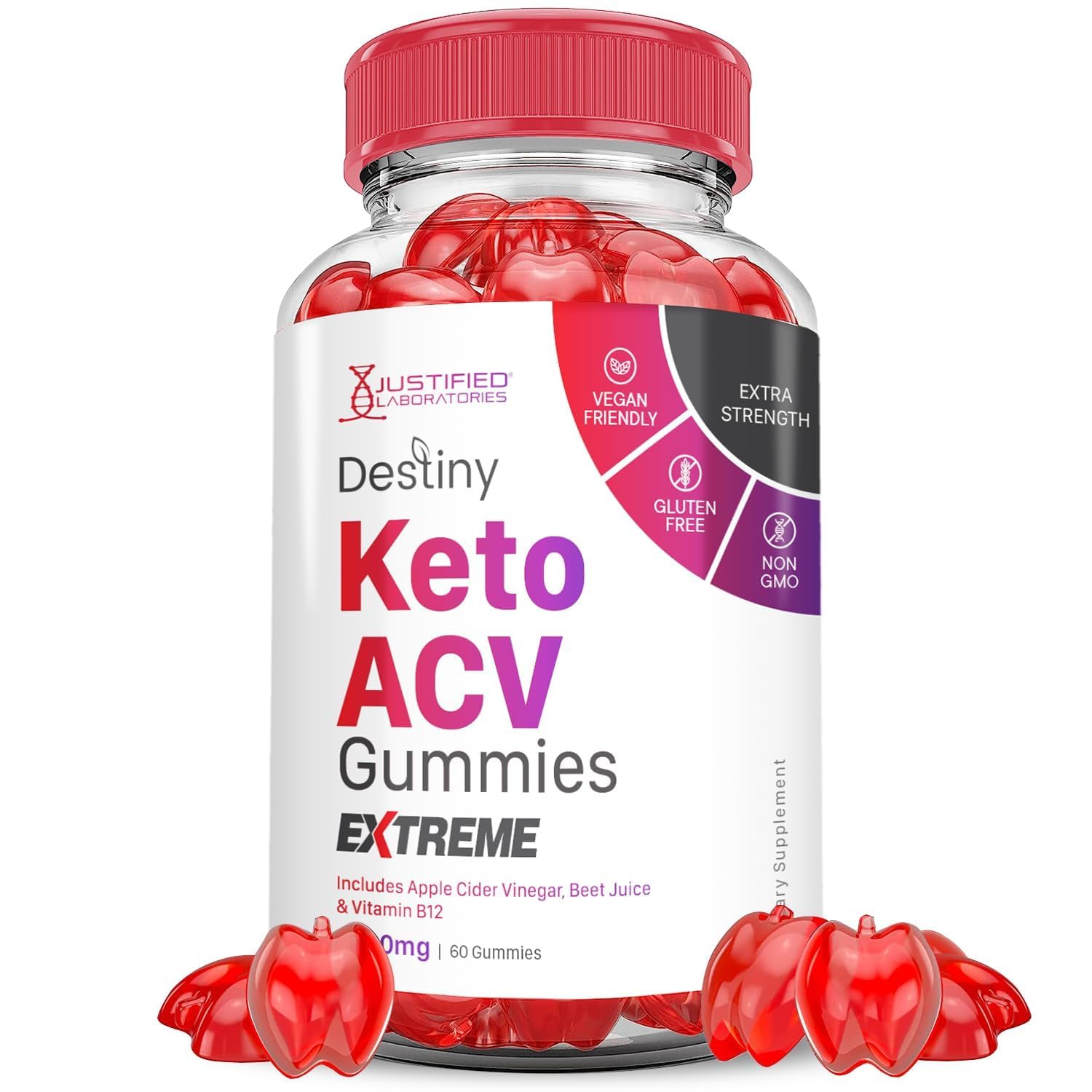 Justified Laboratories Destiny Keto ACV Extreme bottle promotes daily wellness.