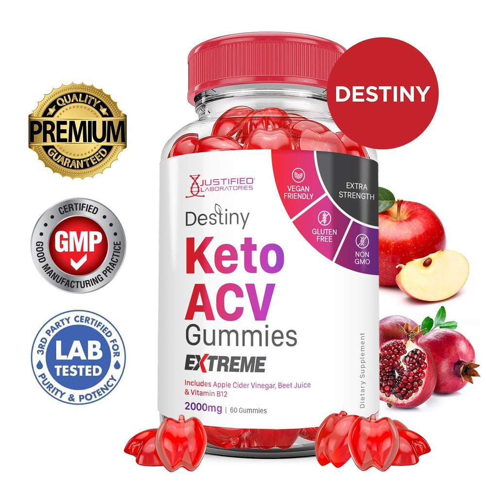 Justified Laboratories Destiny Keto ACV Gummies label shows beet juice and B12.