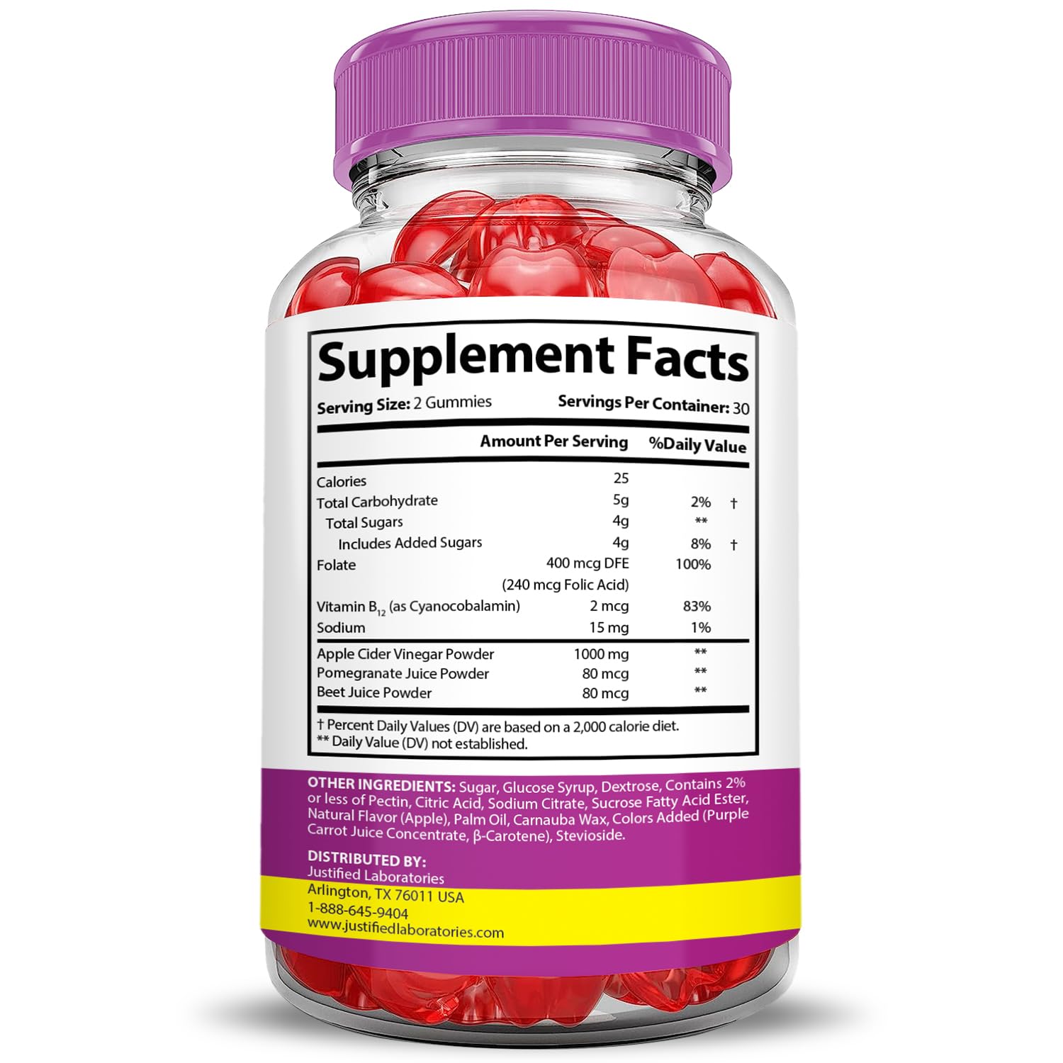 Justified Laboratories Fast Active Keto ACV Gummies ingredients panel showing vegan, non-GMO, pectin base