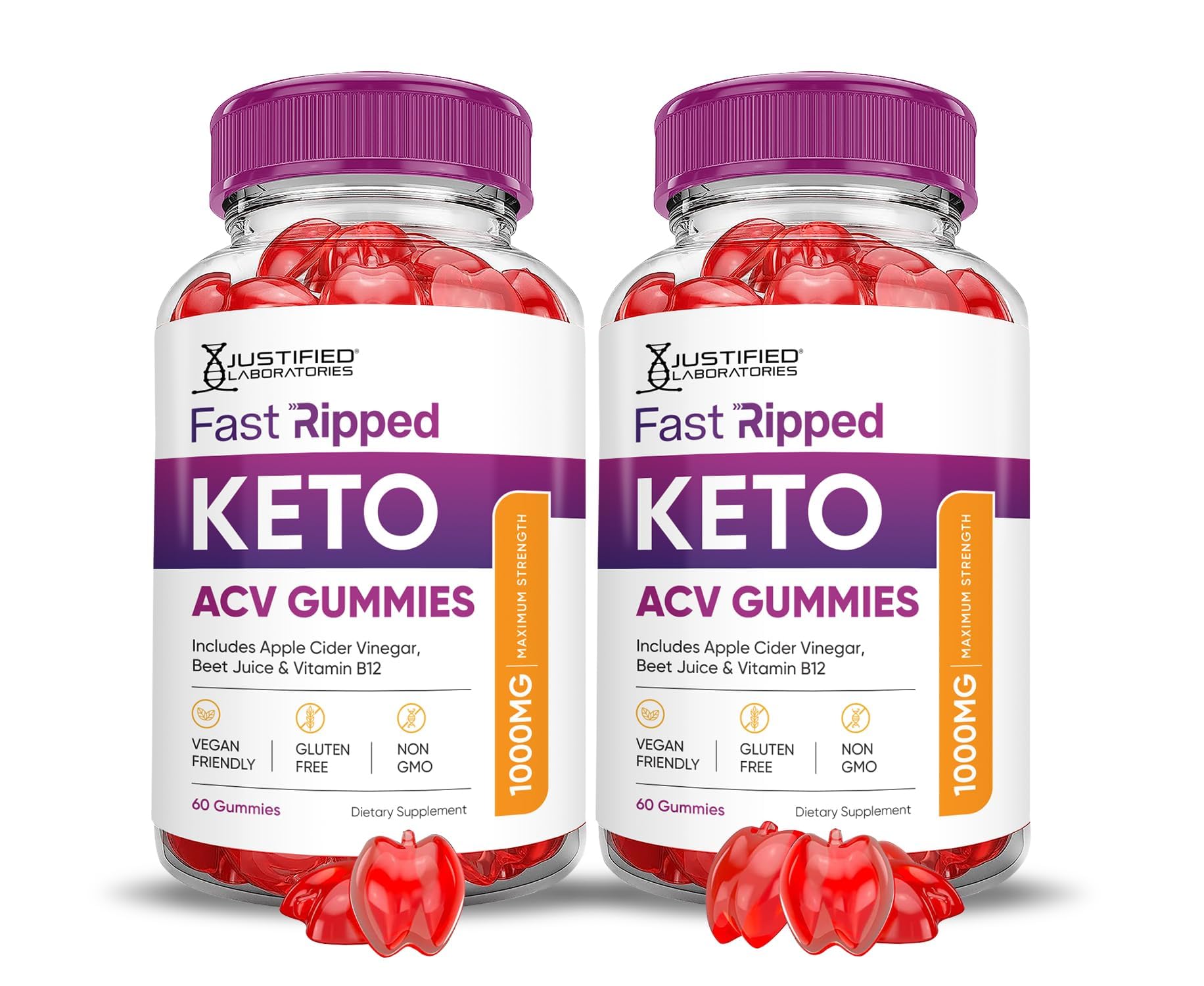 Justified Laboratories Fast Ripped Keto ACV gummies in bottle front, convenient daily indulgence for keto routines.