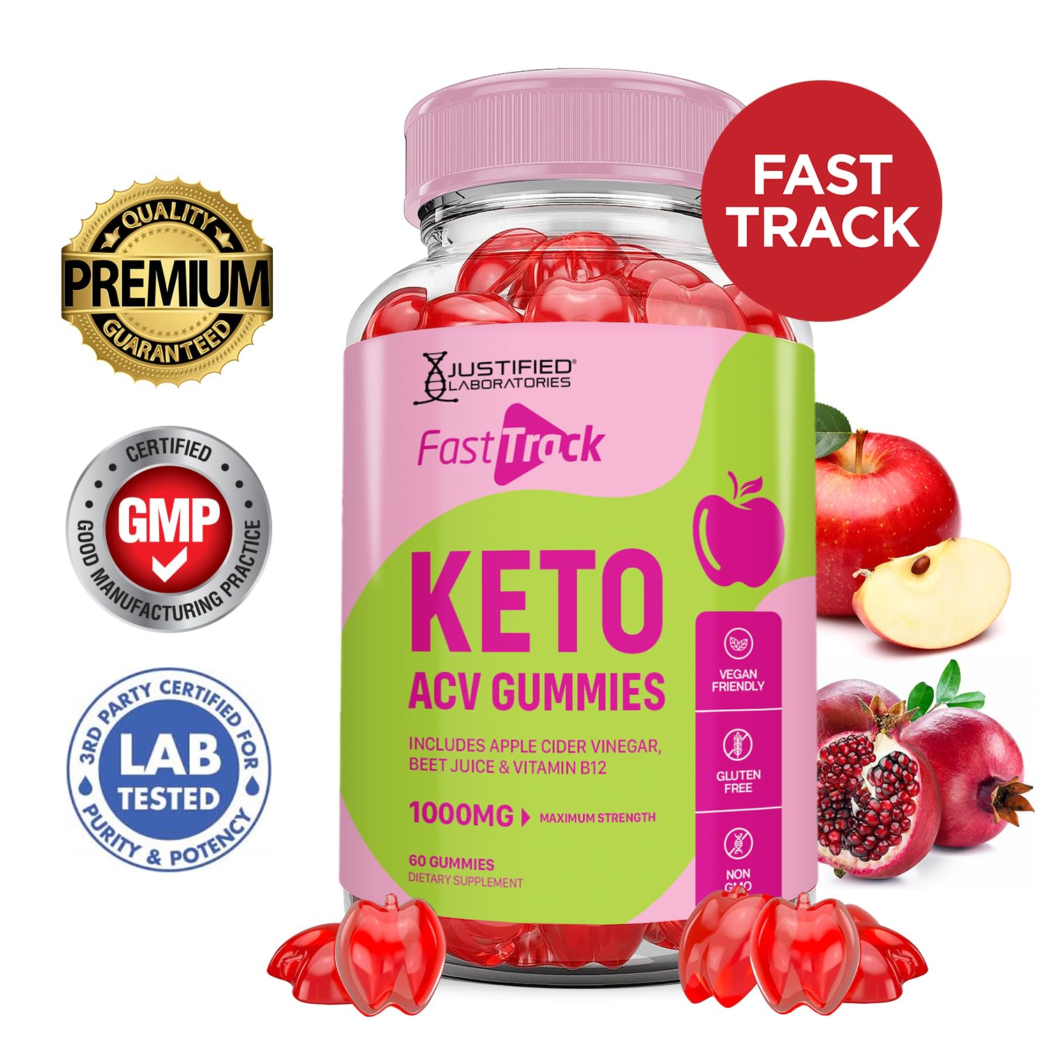 Justified Laboratories Fast Track Keto ACV Gummies bottle back lists ingredients and benefits