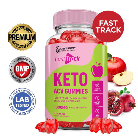 Justified Laboratories Fast Track Keto ACV Gummies bottle back lists ingredients and benefits