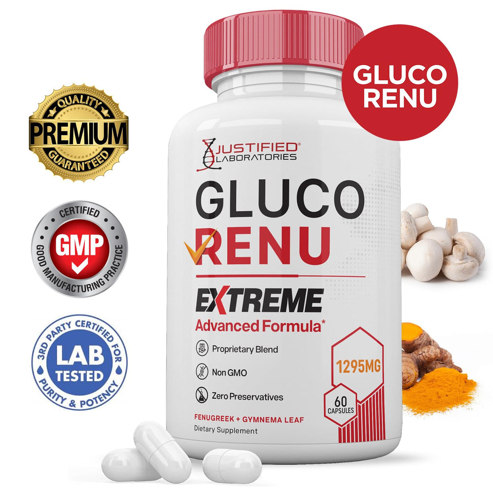 Close-up of Justified Gluco Renu Extreme ingredients with potent botanicals.
