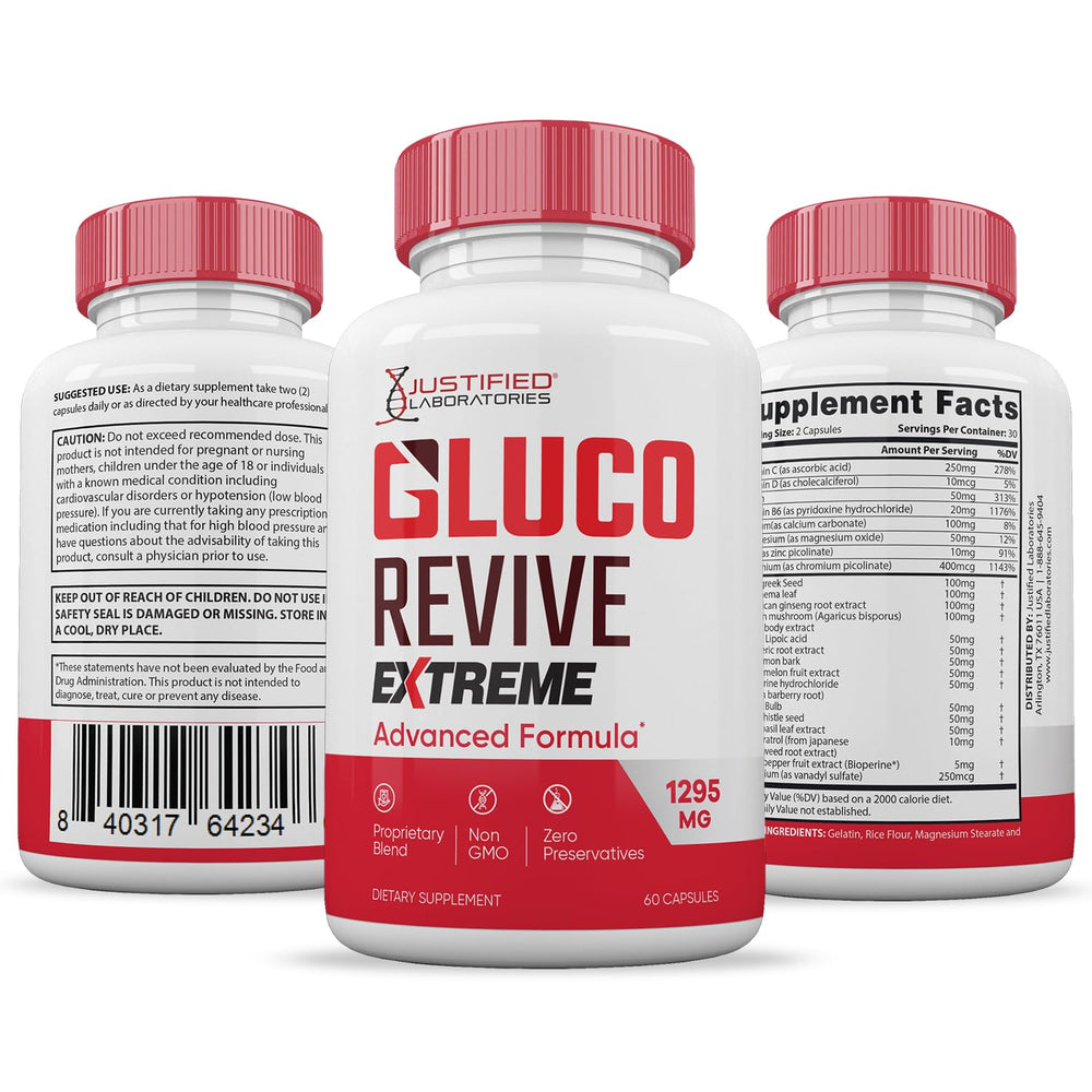 Justified Laboratories Gluco Revive Extreme blister pack emphasizes portability for on the go nutrition.