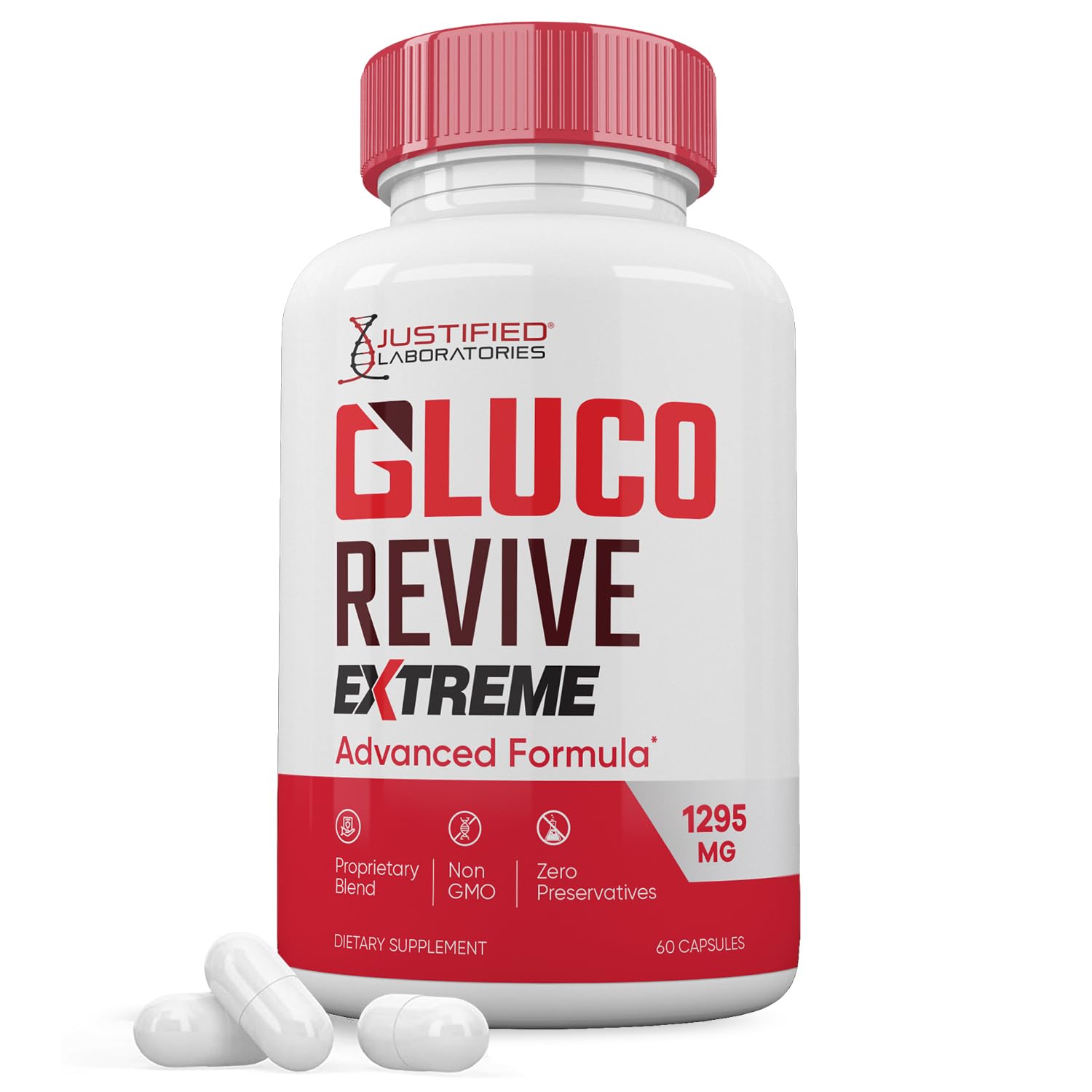 Justified Laboratories Gluco Revive Extreme bottle front highlights a potent glycogen support for daily vitality.