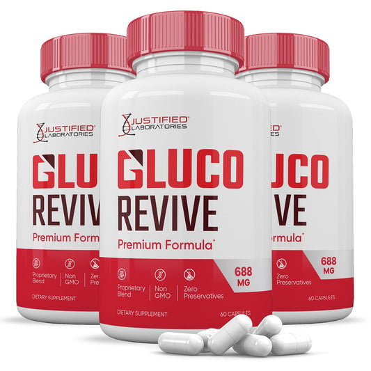 Justified Laboratories Gluco Revive pills bottle showing premium daily wellness formula