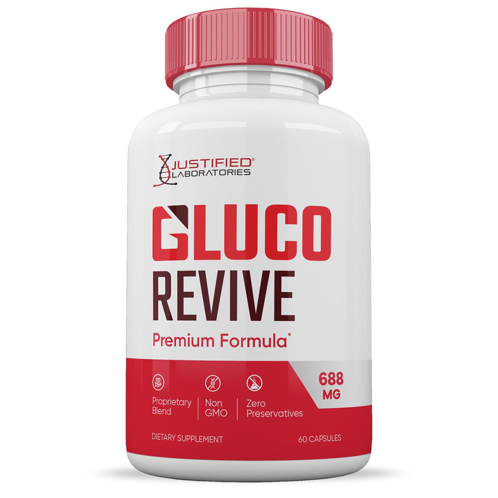 Justified Laboratories Gluco Revive pills label highlights premium blend ingredients.