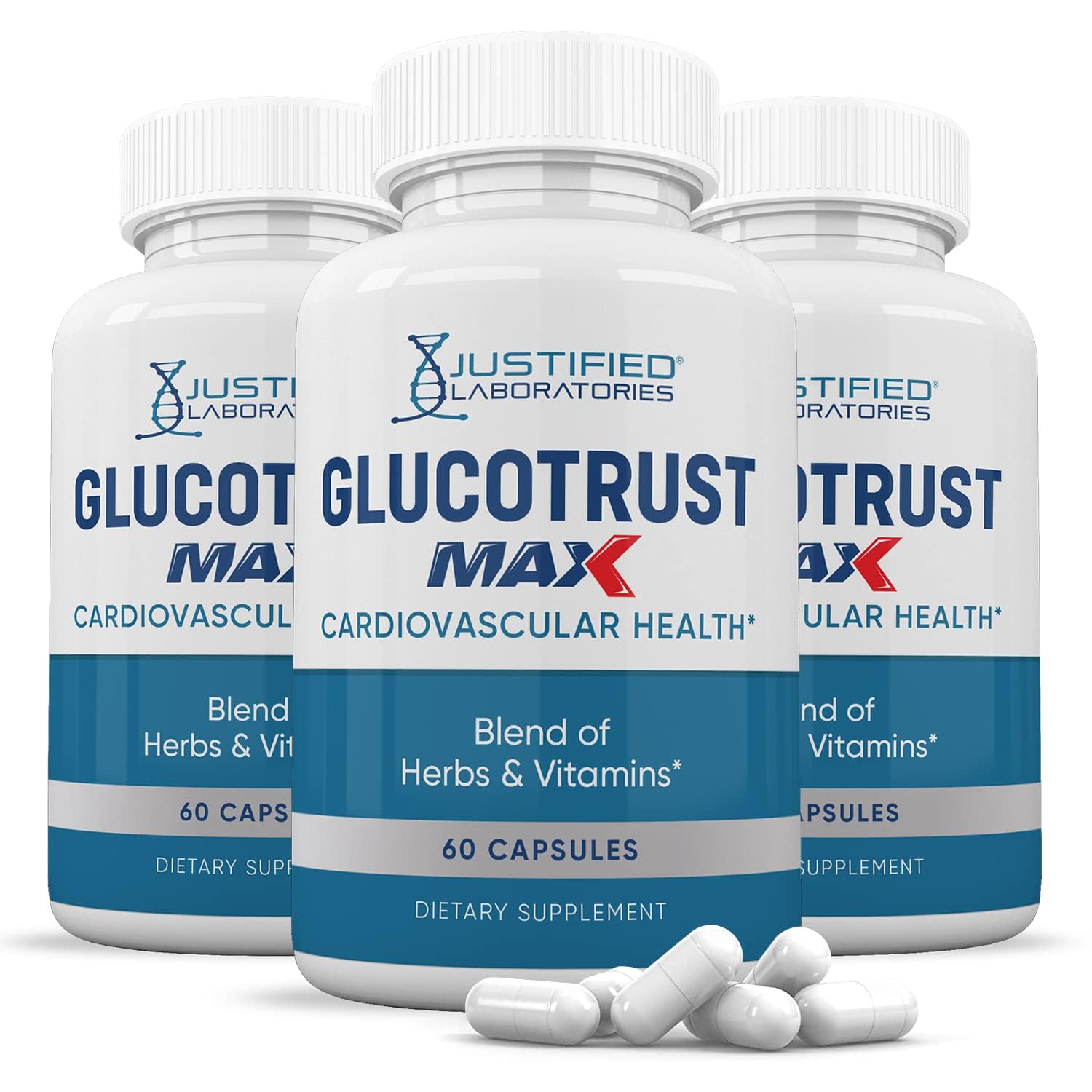 Justified Laboratories Glucotrust Max bottle front with three-pack for convenient daily supplementation